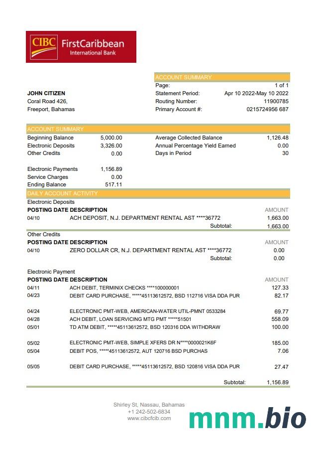 Bahamas Bank Of The Bahamas wyciąg bankowy łatwy do wypełnienia szablonu .xls i .format pliku pdf